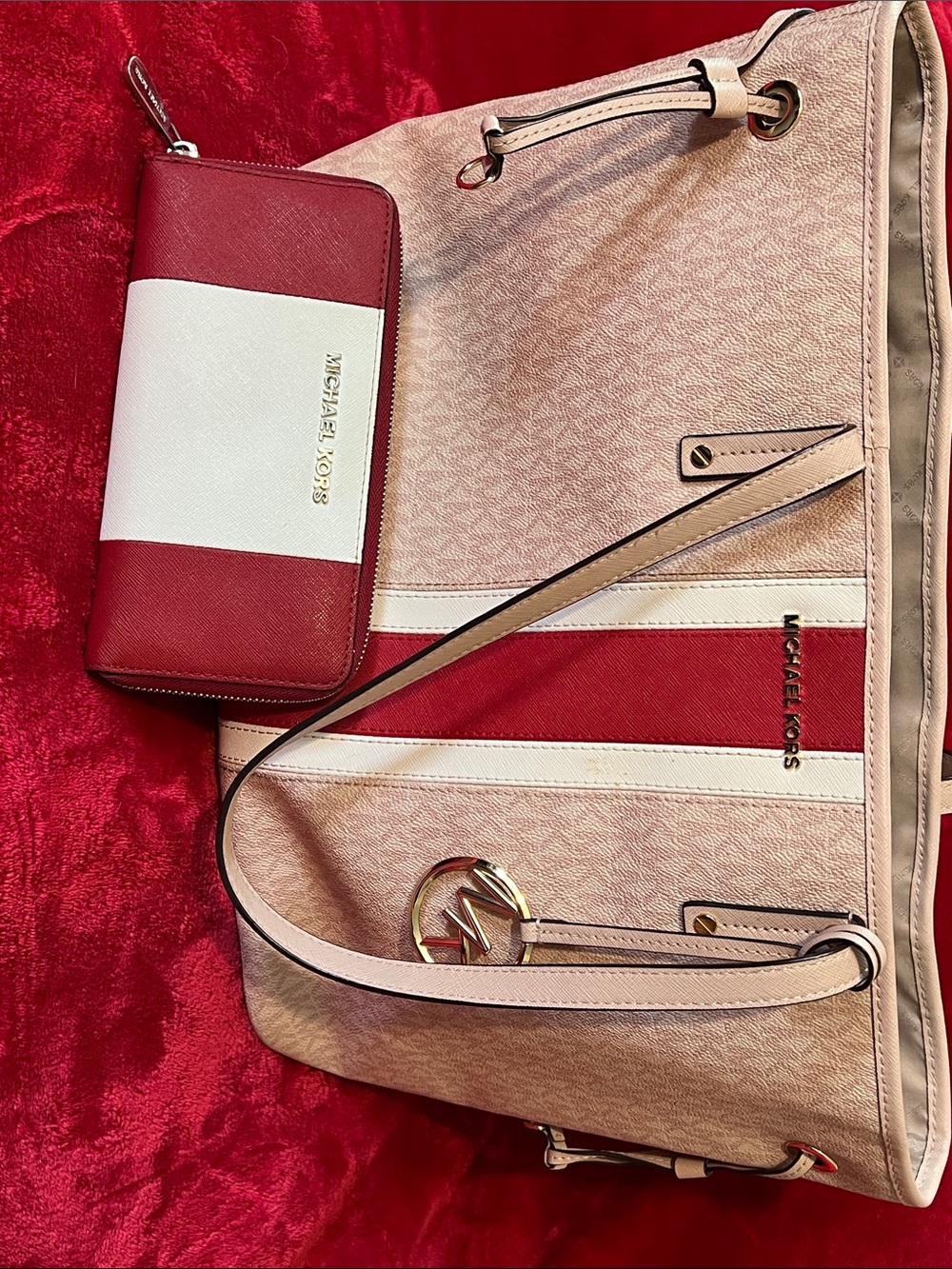 Michael Kors Pink and Red Stripe Tote with Matching Wallet